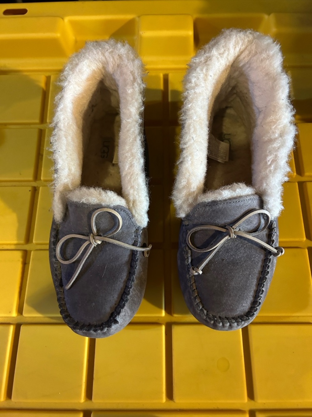 UGG Womans Grey Suede Shearling Moccasins with Bow Trim